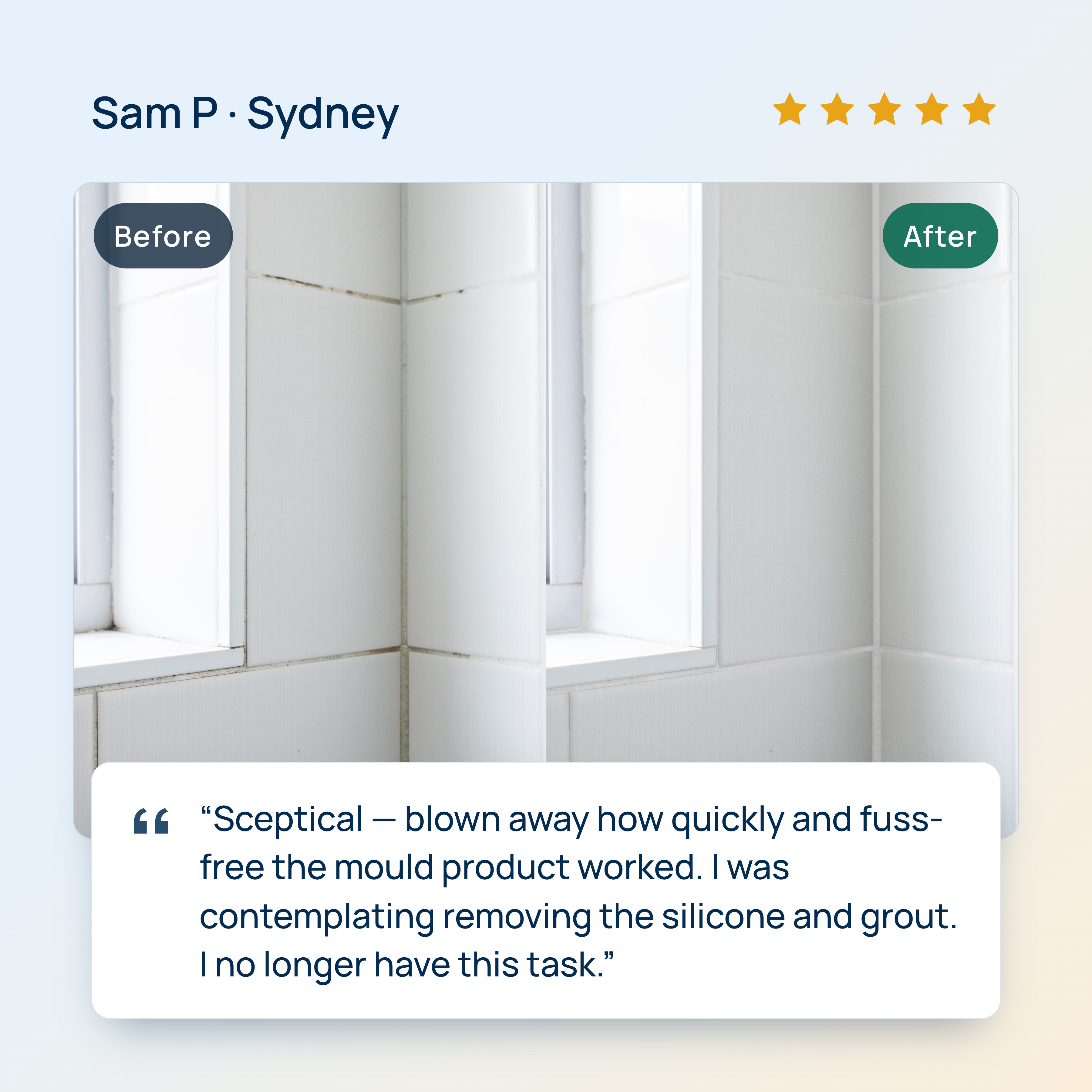 Before and after results of using Clean Screens Mould & Mildew Remover on bathroom mould